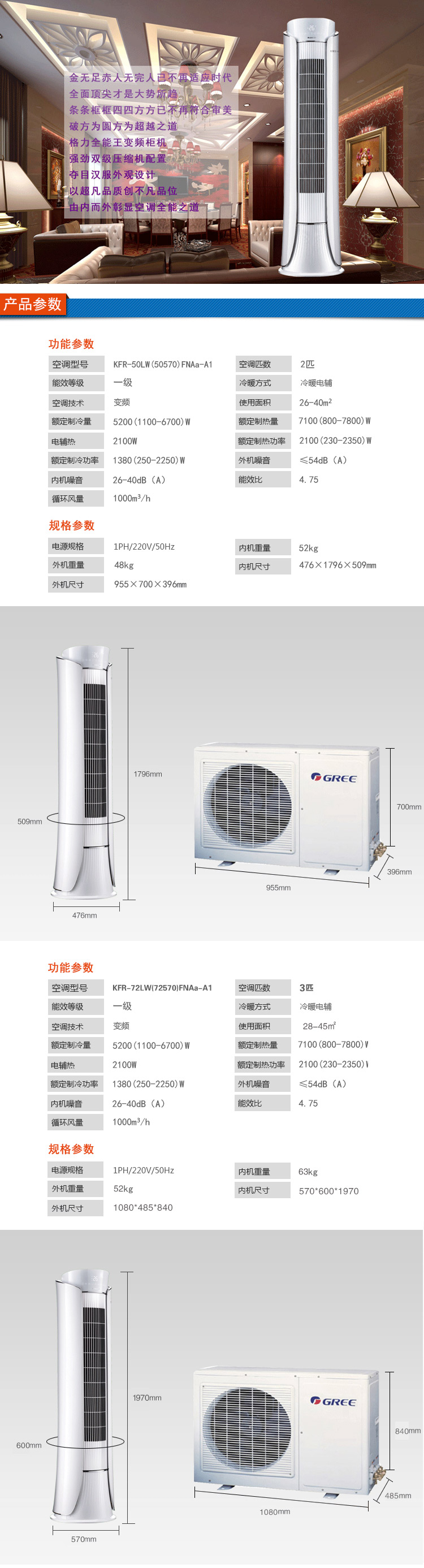 格力KFR-72LW/(72570)FNAa-A1 全能王I尊 3P變頻柜機(jī)空調(diào)室內(nèi)擺放效果圖以及規(guī)格參數(shù)、內(nèi)機(jī)和外機(jī)尺寸等詳細(xì)信息